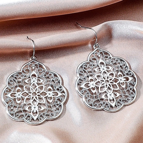 Any 4/$25! Silver Open Work Statement Drop Earrings - Picture 4 of 7